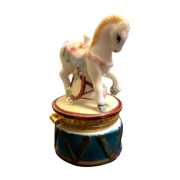 Genmore Porcelain Carousel Horse Pony Hinged Trinket Pill Box Carnival Toy Drum - Picture 2 of 6